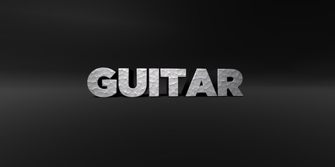 GUITAR - hammered metal finish text on black studio - 3D rendered royalty free stock photo. This image can be used for an online website banner ad or a print postcard.