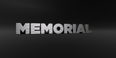 MEMORIAL - hammered metal finish text on black studio - 3D rendered royalty free stock photo. This image can be used for an online website banner ad or a print postcard.