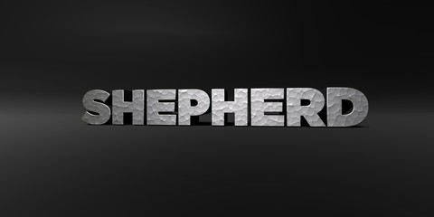 SHEPHERD - hammered metal finish text on black studio - 3D rendered royalty free stock photo. This image can be used for an online website banner ad or a print postcard.