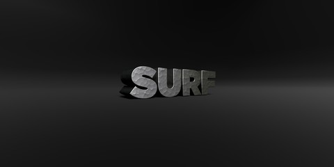 SURF - hammered metal finish text on black studio - 3D rendered royalty free stock photo. This image can be used for an online website banner ad or a print postcard.