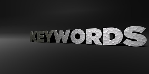 KEYWORDS - hammered metal finish text on black studio - 3D rendered royalty free stock photo. This image can be used for an online website banner ad or a print postcard.
