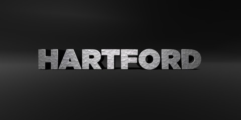 HARTFORD - hammered metal finish text on black studio - 3D rendered royalty free stock photo. This image can be used for an online website banner ad or a print postcard.