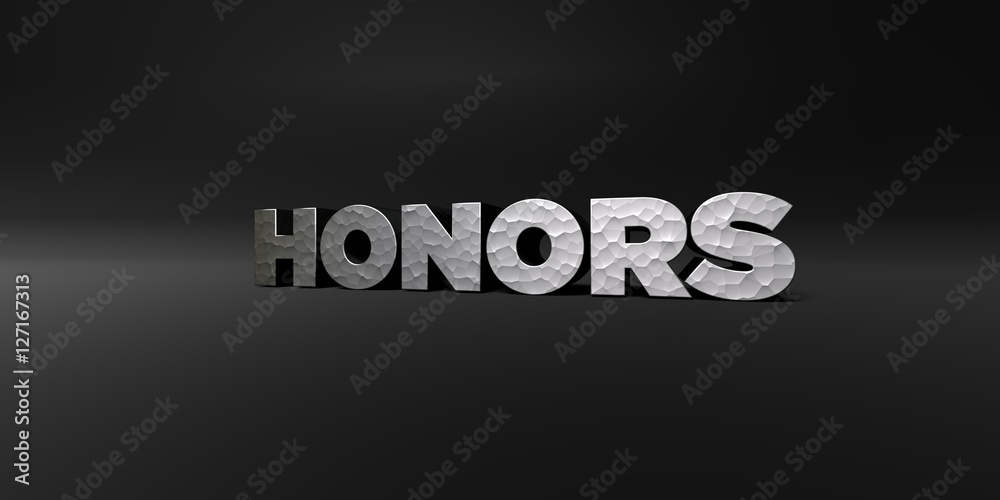 Fototapete honors - hammered metal finish text on black studio - 3d rendered royalty free stock photo. this ima
