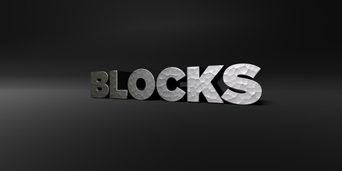 BLOCKS - hammered metal finish text on black studio - 3D rendered royalty free stock photo. This image can be used for an online website banner ad or a print postcard.
