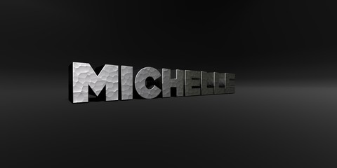 MICHELLE - hammered metal finish text on black studio - 3D rendered royalty free stock photo. This image can be used for an online website banner ad or a print postcard.
