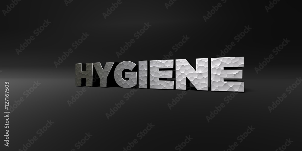 Fototapete hygiene - hammered metal finish text on black studio - 3d rendered royalty free stock photo. this im