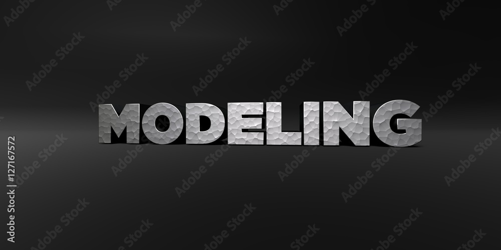 Fototapete MODELING - hammered metal finish text on black studio - 3D rendered royalty free stock photo. This image can be used for an online website banner ad or a print postcard.