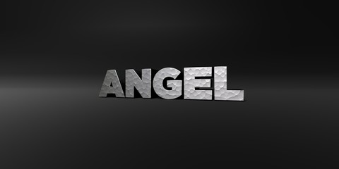 ANGEL - hammered metal finish text on black studio - 3D rendered royalty free stock photo. This image can be used for an online website banner ad or a print postcard.