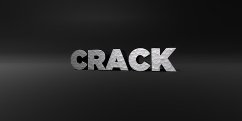 CRACK - hammered metal finish text on black studio - 3D rendered royalty free stock photo. This image can be used for an online website banner ad or a print postcard.