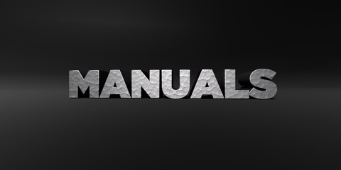 MANUALS - hammered metal finish text on black studio - 3D rendered royalty free stock photo. This image can be used for an online website banner ad or a print postcard.