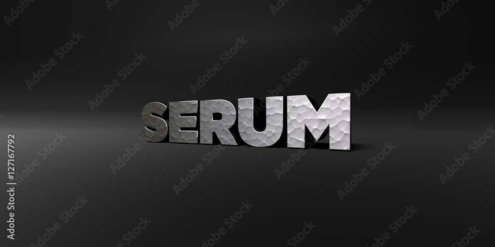 Fototapete serum - hammered metal finish text on black studio - 3d rendered royalty free stock photo. this imag