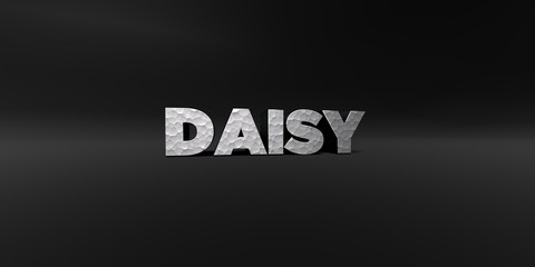DAISY - hammered metal finish text on black studio - 3D rendered royalty free stock photo. This image can be used for an online website banner ad or a print postcard.