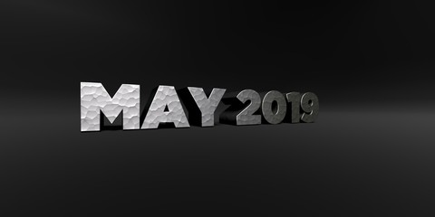 MAY 2019 - hammered metal finish text on black studio - 3D rendered royalty free stock photo. This image can be used for an online website banner ad or a print postcard.