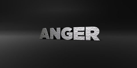 ANGER - hammered metal finish text on black studio - 3D rendered royalty free stock photo. This image can be used for an online website banner ad or a print postcard.