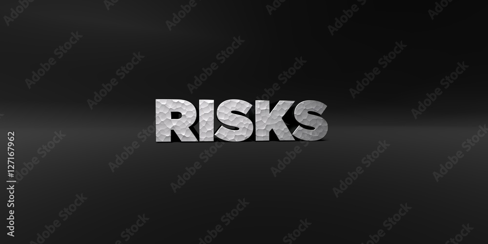 Fototapete risks - hammered metal finish text on black studio - 3d rendered royalty free stock photo. this imag