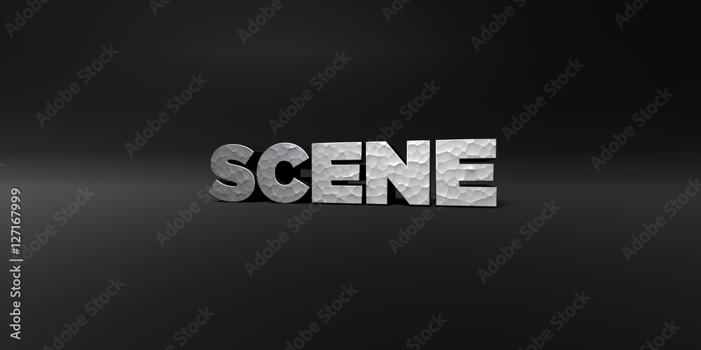 Fototapete scene - hammered metal finish text on black studio - 3d rendered royalty free stock photo. this imag