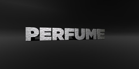 PERFUME - hammered metal finish text on black studio - 3D rendered royalty free stock photo. This image can be used for an online website banner ad or a print postcard.