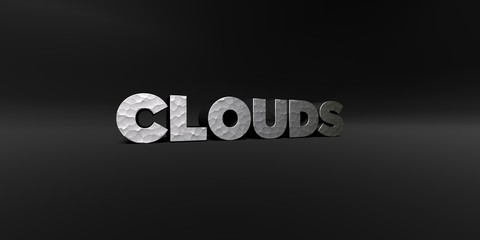 CLOUDS - hammered metal finish text on black studio - 3D rendered royalty free stock photo. This image can be used for an online website banner ad or a print postcard.