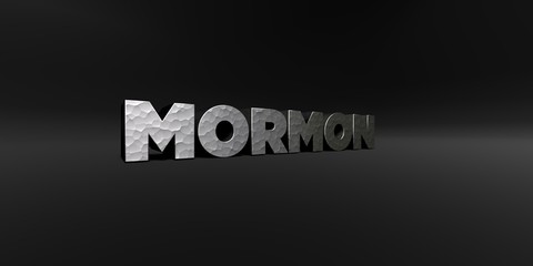 MORMON - hammered metal finish text on black studio - 3D rendered royalty free stock photo. This image can be used for an online website banner ad or a print postcard.