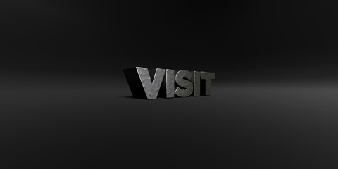 VISIT - hammered metal finish text on black studio - 3D rendered royalty free stock photo. This image can be used for an online website banner ad or a print postcard.