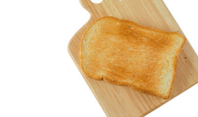 Toast on a wooden cutting board, white background.