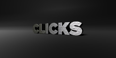 CLICKS - hammered metal finish text on black studio - 3D rendered royalty free stock photo. This image can be used for an online website banner ad or a print postcard.