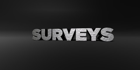 SURVEYS - hammered metal finish text on black studio - 3D rendered royalty free stock photo. This image can be used for an online website banner ad or a print postcard.
