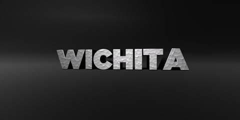 WICHITA - hammered metal finish text on black studio - 3D rendered royalty free stock photo. This image can be used for an online website banner ad or a print postcard.