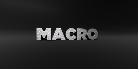 MACRO - hammered metal finish text on black studio - 3D rendered royalty free stock photo. This image can be used for an online website banner ad or a print postcard.