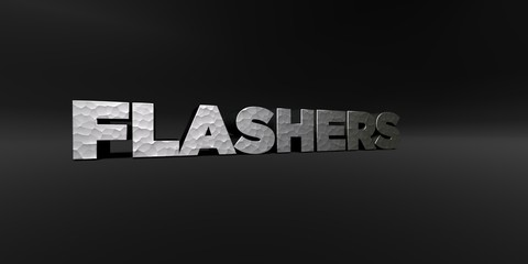 FLASHERS - hammered metal finish text on black studio - 3D rendered royalty free stock photo. This image can be used for an online website banner ad or a print postcard.