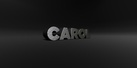 CAROL - hammered metal finish text on black studio - 3D rendered royalty free stock photo. This image can be used for an online website banner ad or a print postcard.