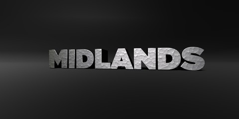 MIDLANDS - hammered metal finish text on black studio - 3D rendered royalty free stock photo. This image can be used for an online website banner ad or a print postcard.