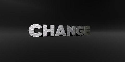 CHANGE - hammered metal finish text on black studio - 3D rendered royalty free stock photo. This image can be used for an online website banner ad or a print postcard.