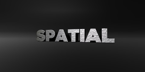 SPATIAL - hammered metal finish text on black studio - 3D rendered royalty free stock photo. This image can be used for an online website banner ad or a print postcard.
