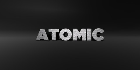 ATOMIC - hammered metal finish text on black studio - 3D rendered royalty free stock photo. This image can be used for an online website banner ad or a print postcard.