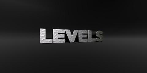 LEVELS - hammered metal finish text on black studio - 3D rendered royalty free stock photo. This image can be used for an online website banner ad or a print postcard.