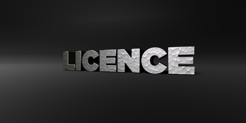 LICENCE - hammered metal finish text on black studio - 3D rendered royalty free stock photo. This image can be used for an online website banner ad or a print postcard.
