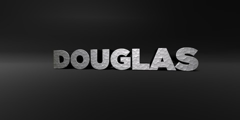 DOUGLAS - hammered metal finish text on black studio - 3D rendered royalty free stock photo. This image can be used for an online website banner ad or a print postcard.