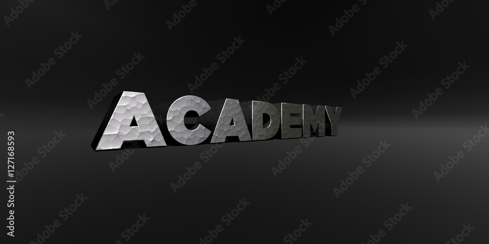 Fototapete academy - hammered metal finish text on black studio - 3d rendered royalty free stock photo. this im
