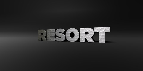 RESORT - hammered metal finish text on black studio - 3D rendered royalty free stock photo. This image can be used for an online website banner ad or a print postcard.