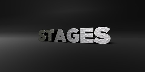 STAGES - hammered metal finish text on black studio - 3D rendered royalty free stock photo. This image can be used for an online website banner ad or a print postcard.