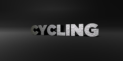 CYCLING - hammered metal finish text on black studio - 3D rendered royalty free stock photo. This image can be used for an online website banner ad or a print postcard.