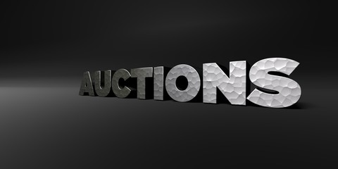 AUCTIONS - hammered metal finish text on black studio - 3D rendered royalty free stock photo. This image can be used for an online website banner ad or a print postcard.