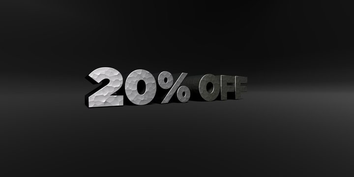 20% OFF - hammered metal finish text on black studio - 3D rendered royalty free stock photo. This image can be used for an online website banner ad or a print postcard.