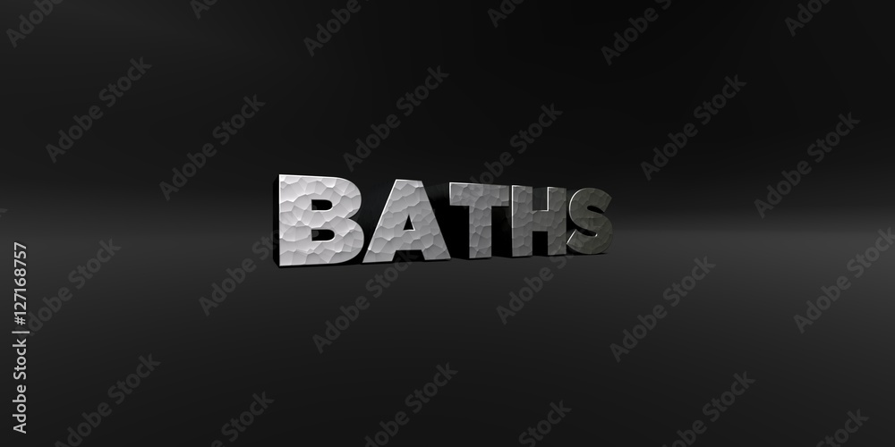 Fototapete BATHS - hammered metal finish text on black studio - 3D rendered royalty free stock photo. This image can be used for an online website banner ad or a print postcard.