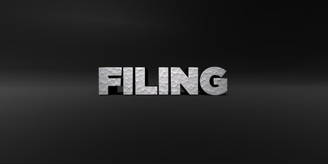 FILING - hammered metal finish text on black studio - 3D rendered royalty free stock photo. This image can be used for an online website banner ad or a print postcard.