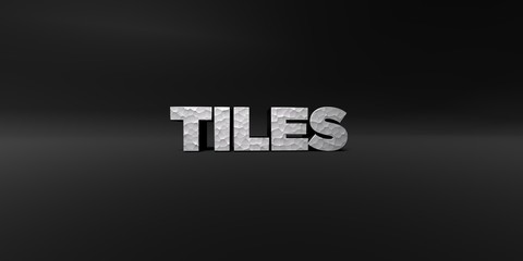 TILES - hammered metal finish text on black studio - 3D rendered royalty free stock photo. This image can be used for an online website banner ad or a print postcard.