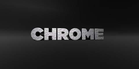 CHROME - hammered metal finish text on black studio - 3D rendered royalty free stock photo. This image can be used for an online website banner ad or a print postcard.