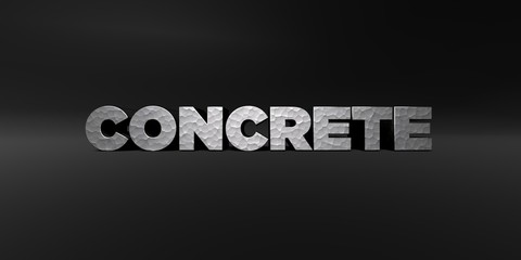 CONCRETE - hammered metal finish text on black studio - 3D rendered royalty free stock photo. This image can be used for an online website banner ad or a print postcard.