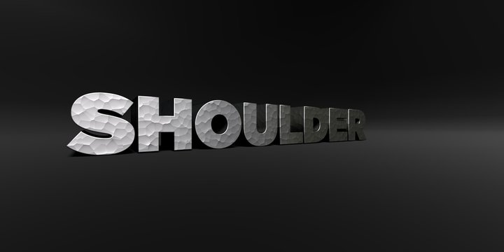 SHOULDER - hammered metal finish text on black studio - 3D rendered royalty free stock photo. This image can be used for an online website banner ad or a print postcard.